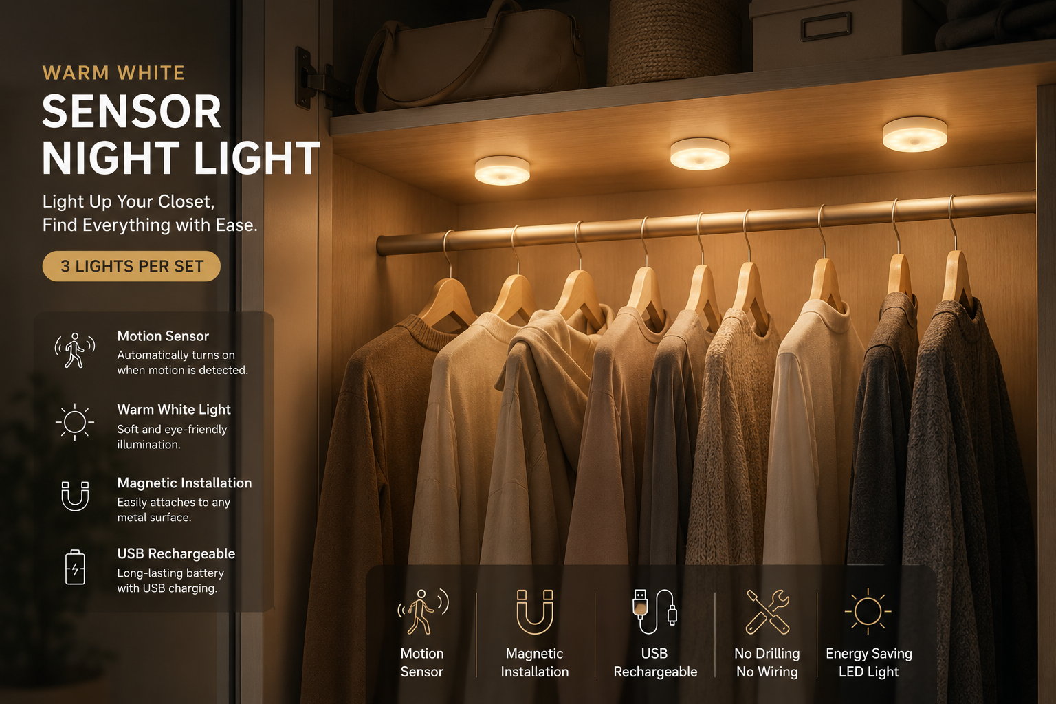 3-Pack Rechargeable Motion Sensor Night Lights – Wireless, Magnetic & Automatic