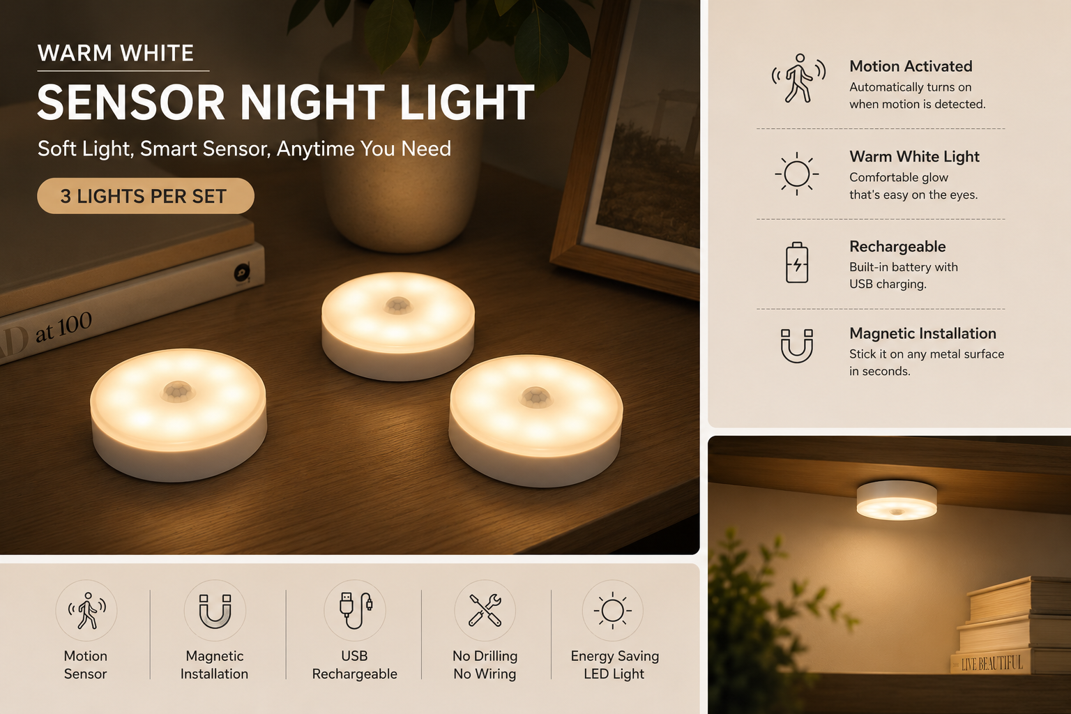 3-Pack Rechargeable Motion Sensor Night Lights – Wireless, Magnetic & Automatic
