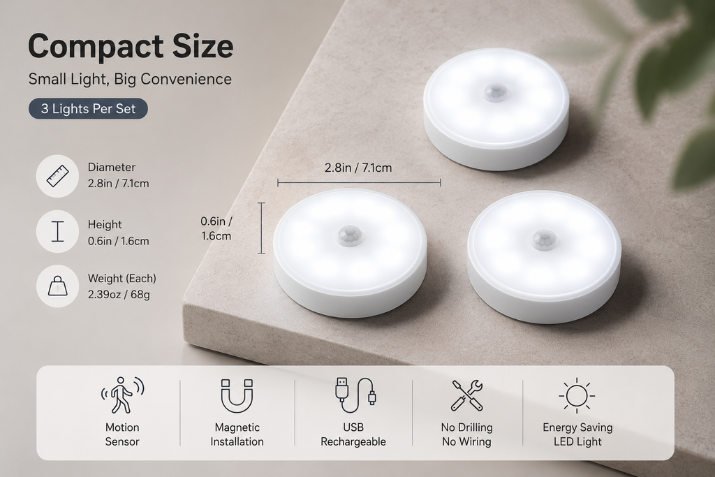 3-Pack Rechargeable Motion Sensor Night Lights – Wireless, Magnetic & Automatic
