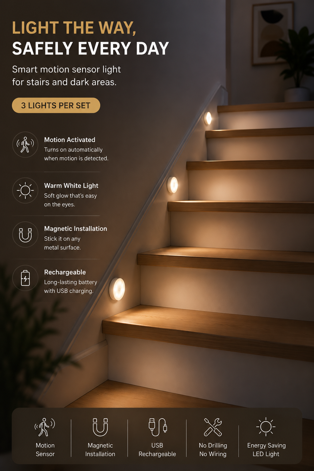 3-Pack Rechargeable Motion Sensor Night Lights – Wireless, Magnetic & Automatic
